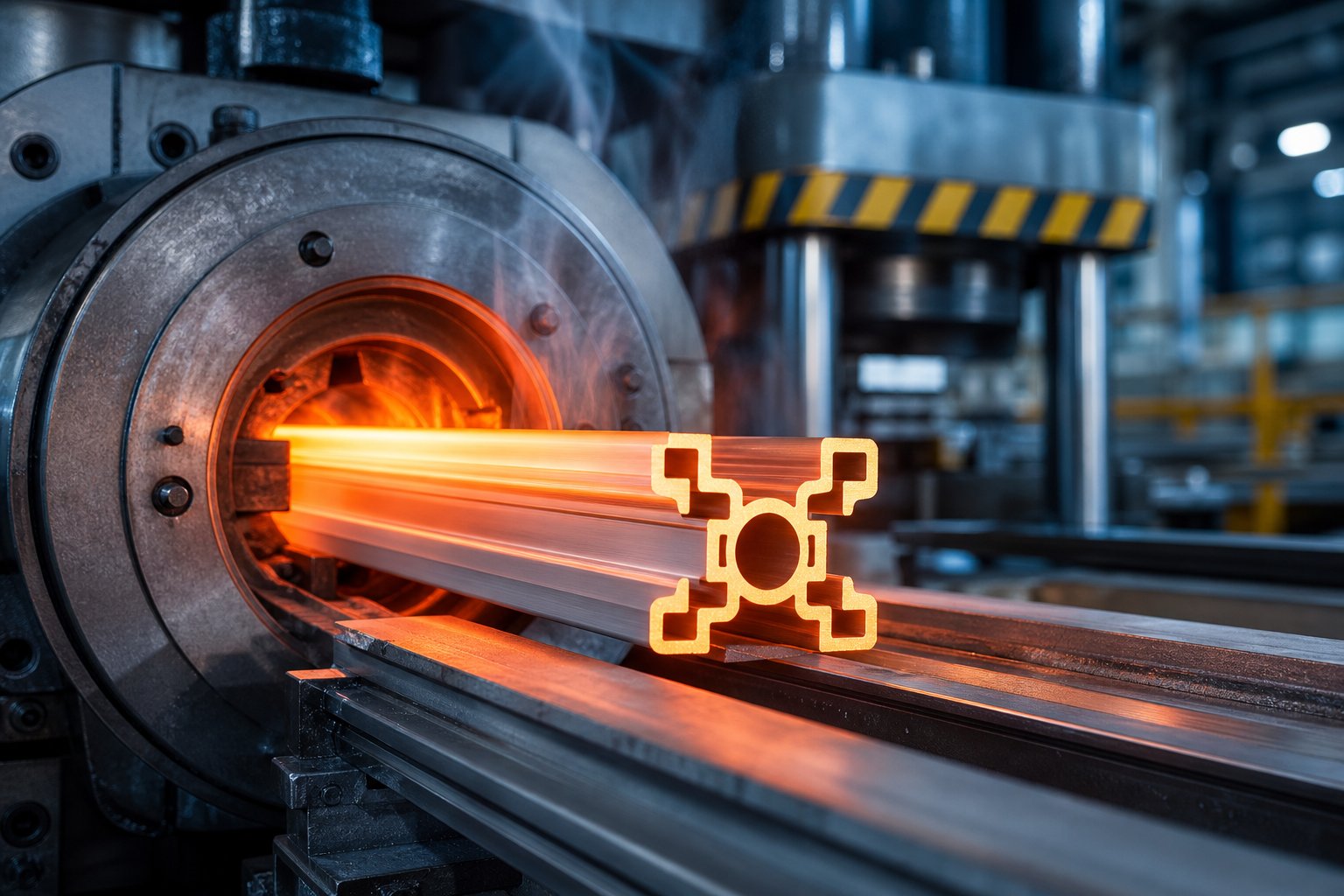aluminium billets are heated and forced through precision dies to create complex hollow window profile shapes