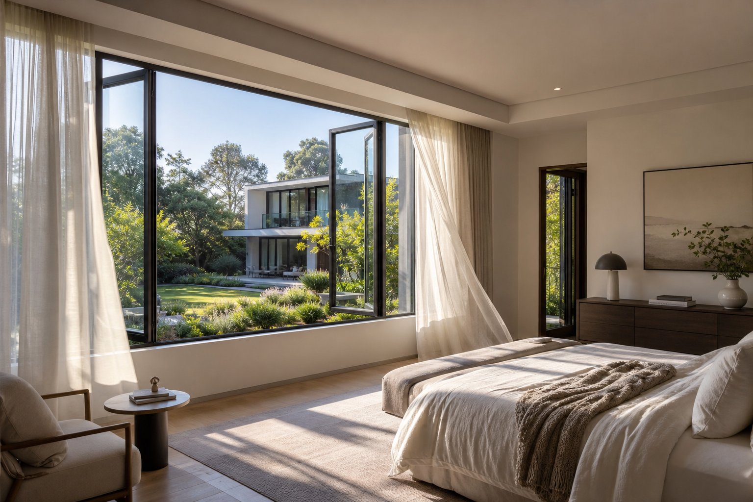 aluminium casement window in a modern bedroom open for natural ventilation with slim profile frames maximising daylight