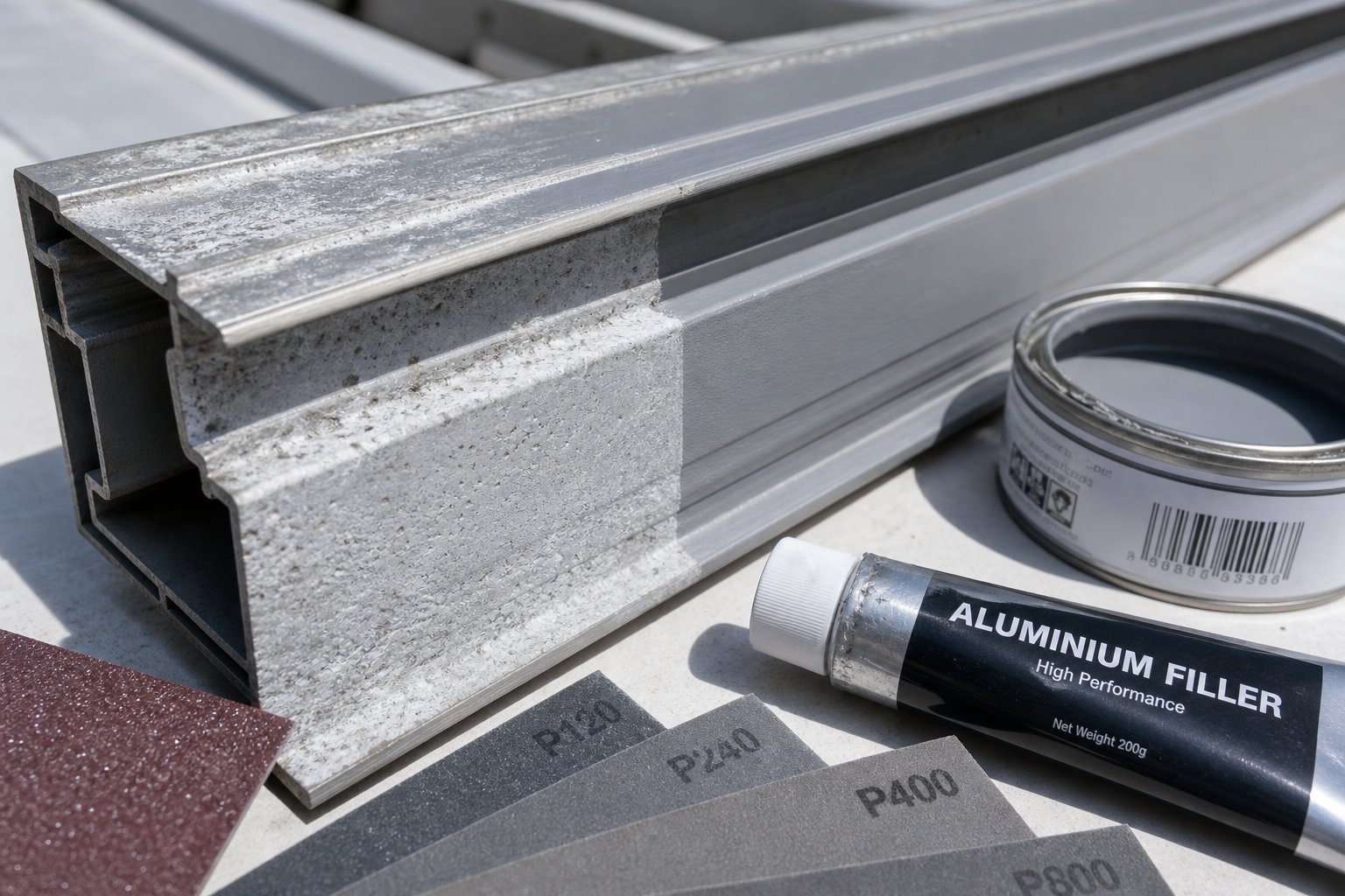 aluminium door frame corrosion repair showing oxidation removal filler application and etch primer coating