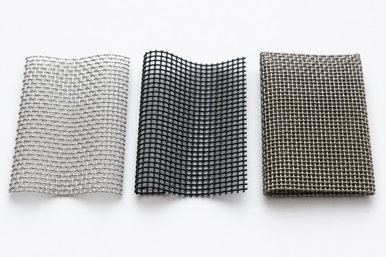 aluminium fiberglass and stainless steel mesh samples showing visible differences in weave density rigidity and material finish