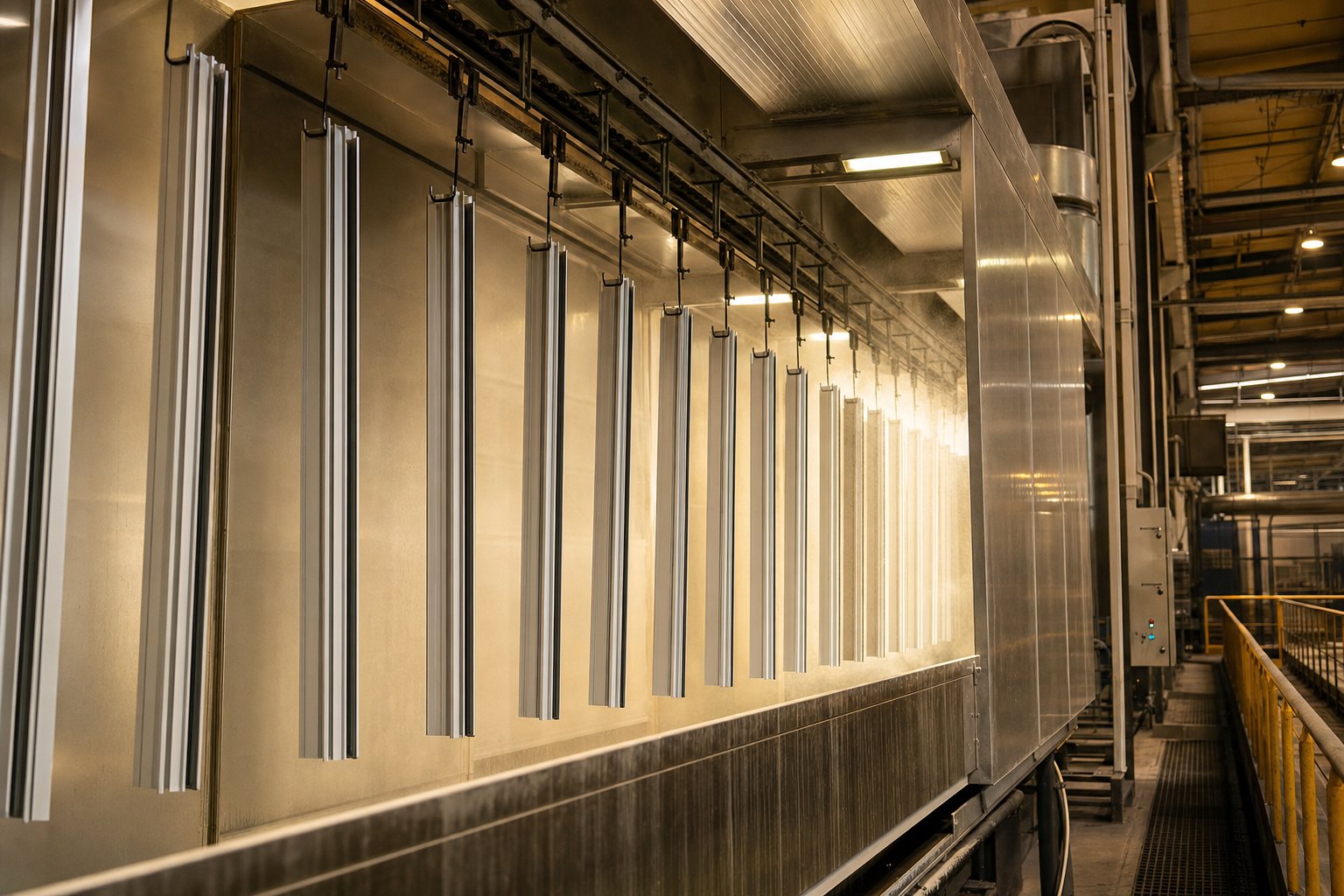 aluminium frame sections receiving electrostatic powder coating in separate colour runs before thermal break assembly