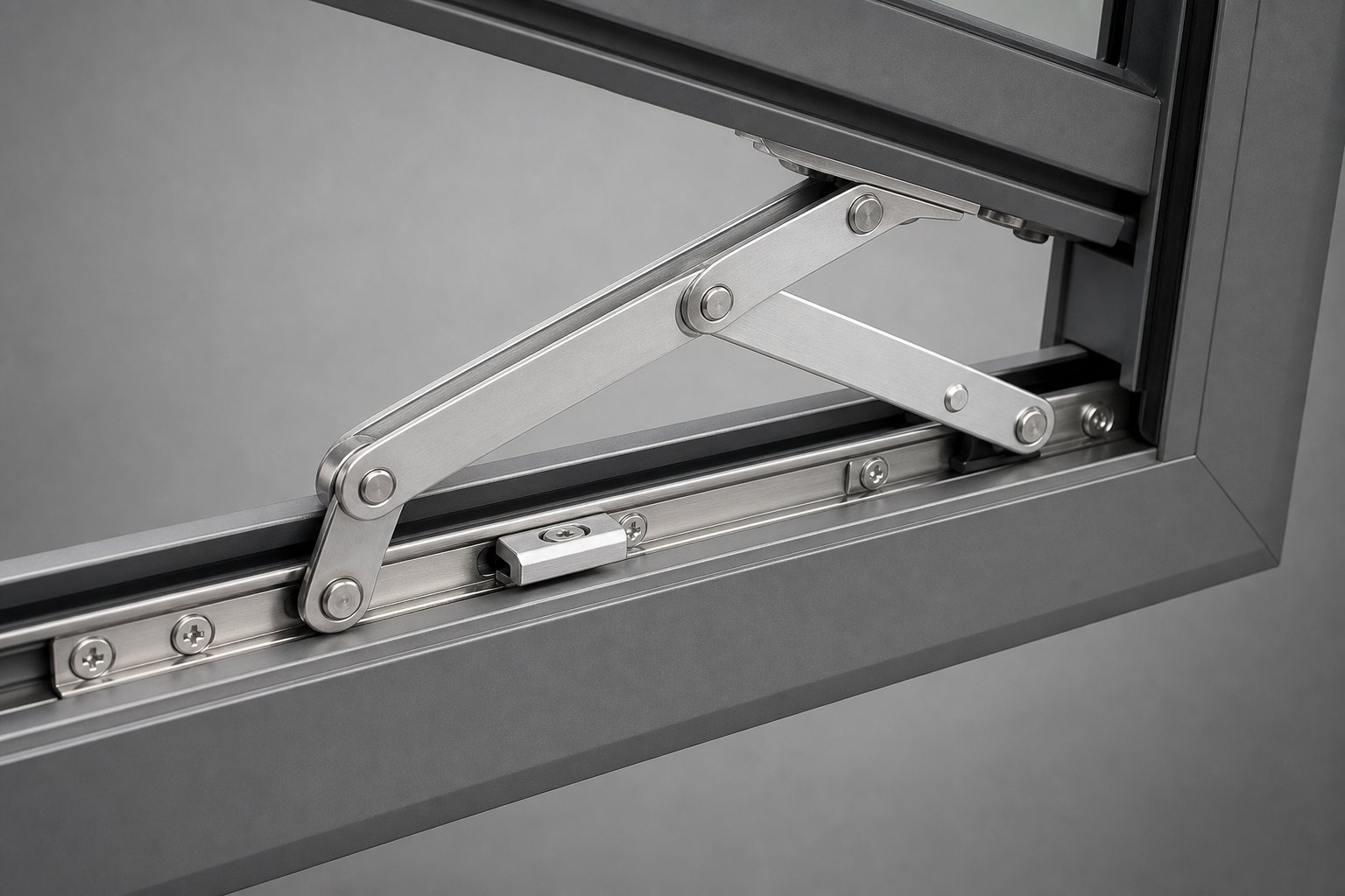 aluminium friction stay mechanism extended in open position showing track channel and scissors arm