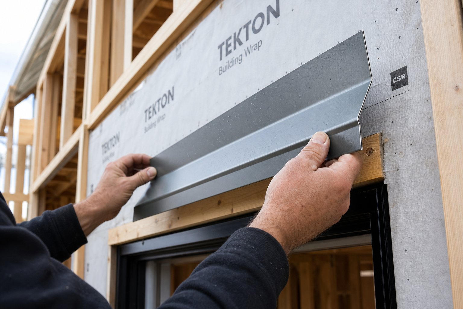 aluminium head flashing positioned above the window rough opening with the back leg flat against the wall sheathing