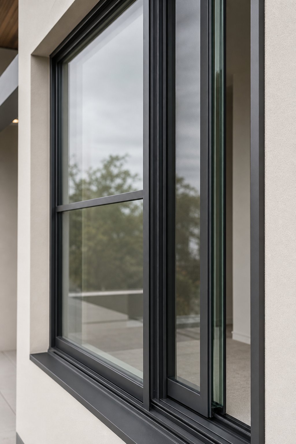 aluminium sliding window with grill showcasing double glazed glass panel depth and slim frame profile