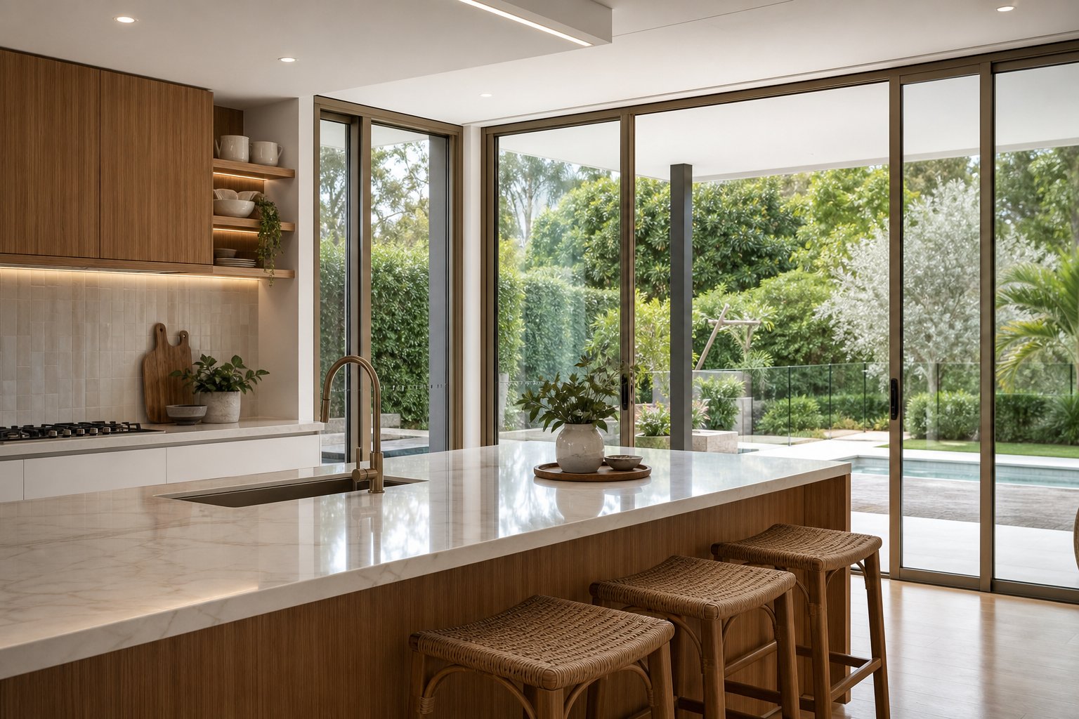 aluminium sliding windows in a modern australian kitchen demonstrating slim profiles and maximum glass area
