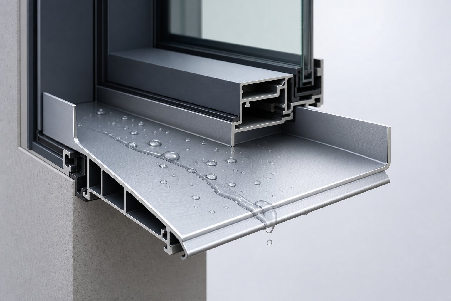 aluminium sub sills use a forward slope and end dams to capture and redirect moisture before it reaches the wall cavity