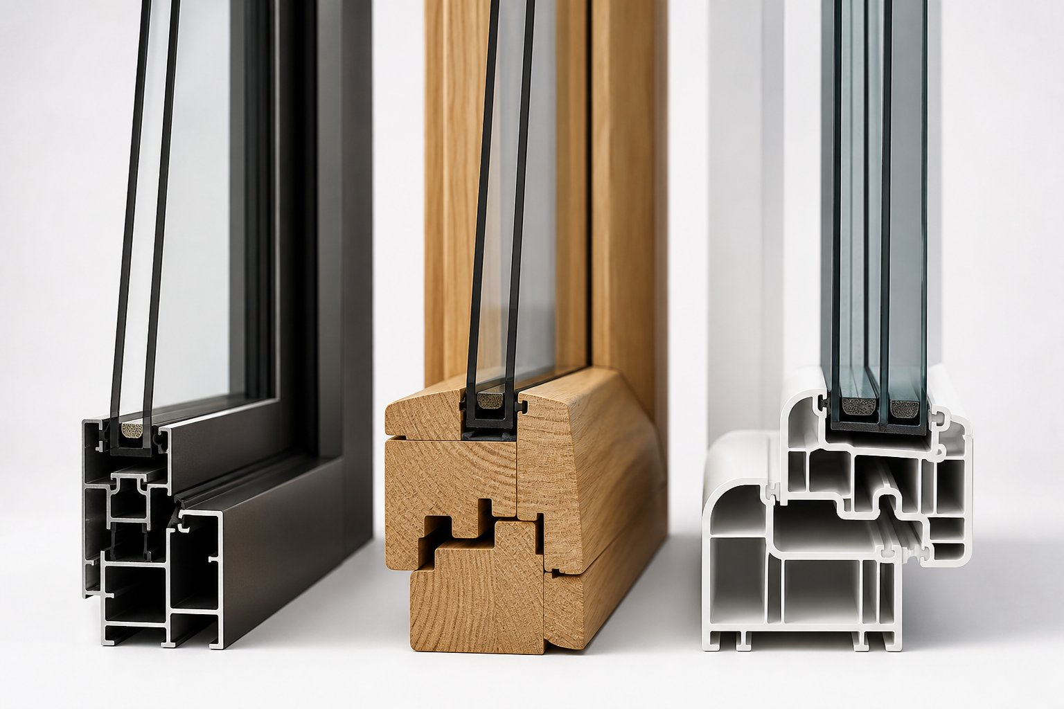 aluminium timber and upvc sash window frame profiles compared highlighting aluminium's slimmer sightlines