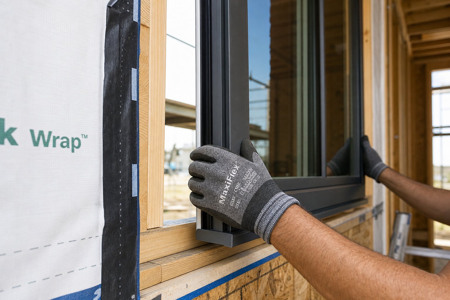 aluminium window frame being fitted into a prepared rough opening during new construction