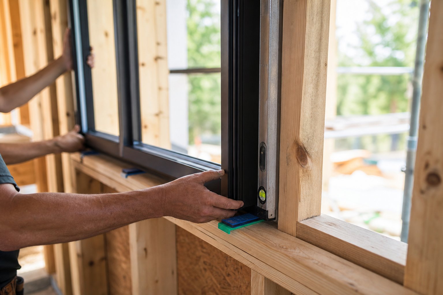 aluminium window frame being positioned on packers within a plumb and level rough opening during new construction installation