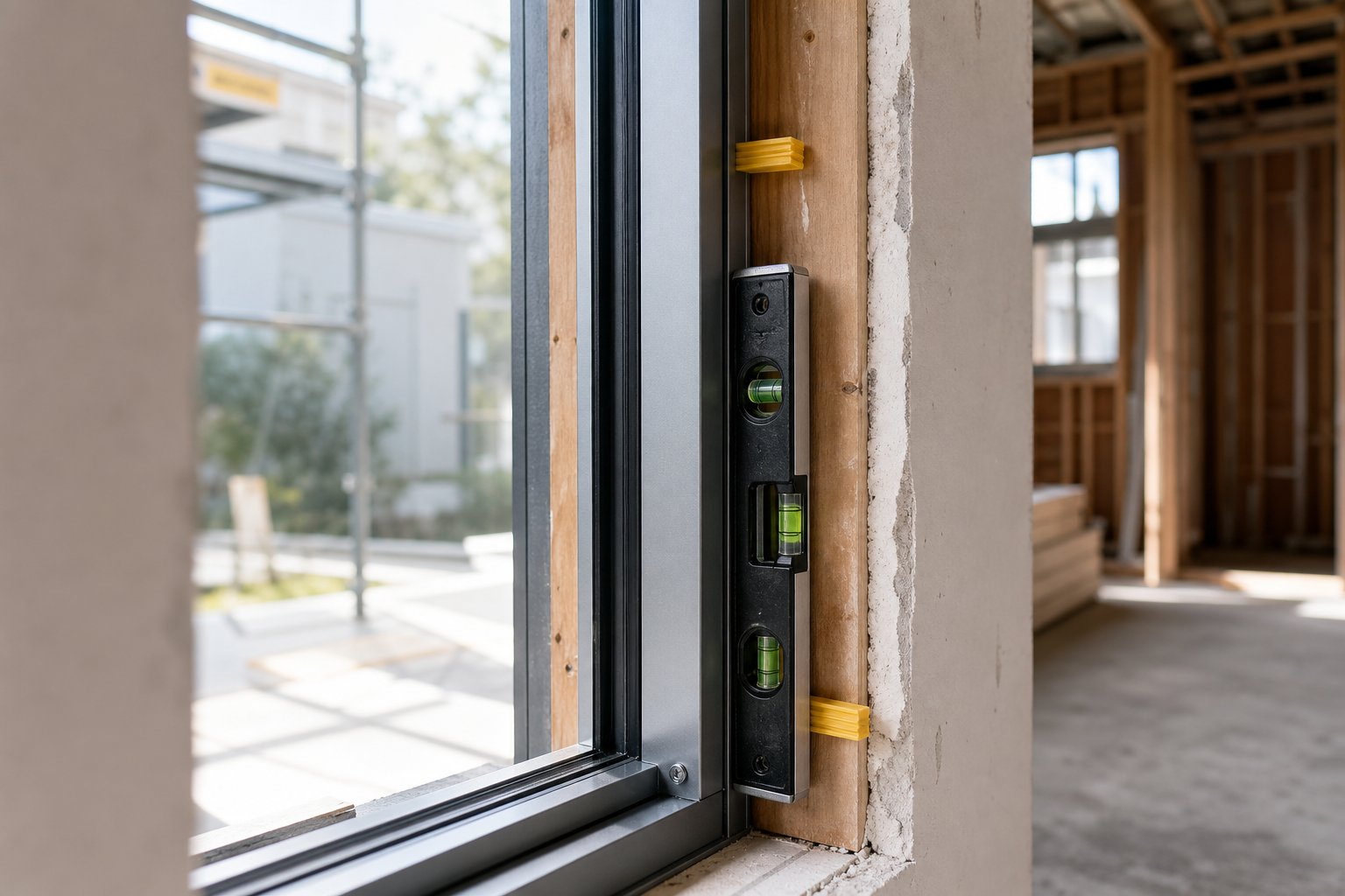 aluminium window frame being shimmed and levelled within the rough opening during the fixing and alignment stage