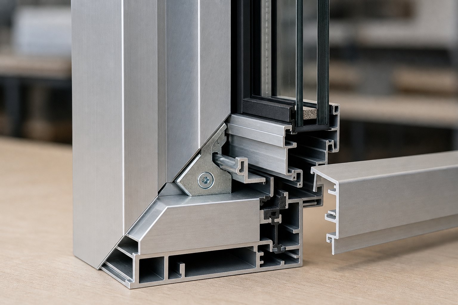 aluminium window frame profile showing internal chambers and corner joint assembly