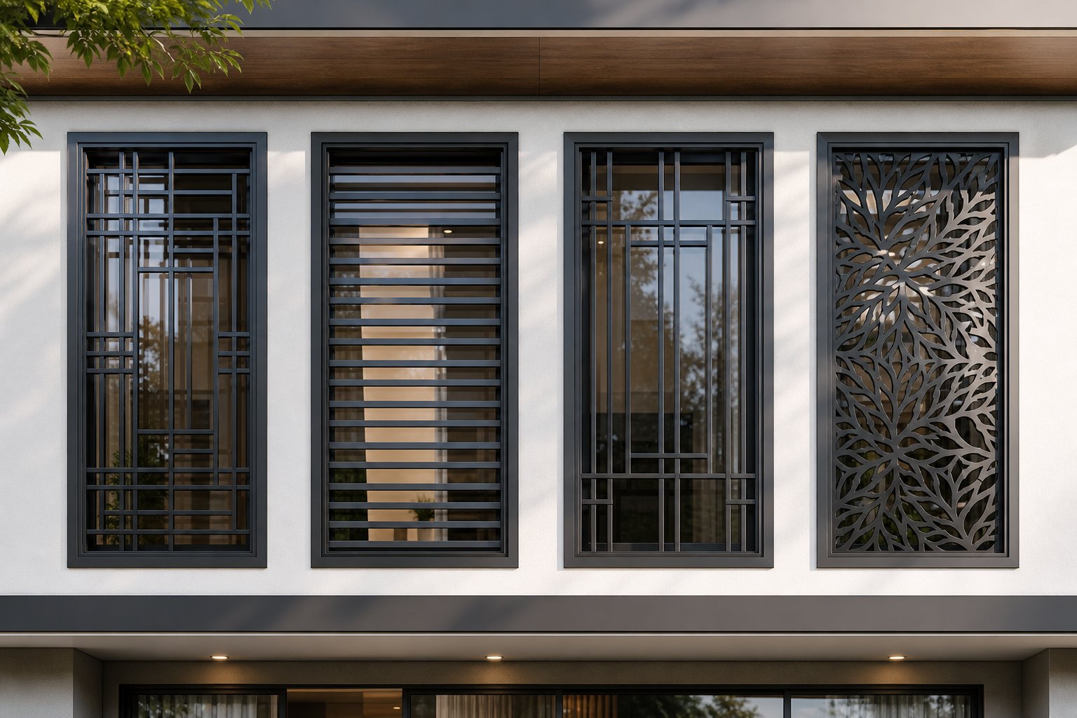 aluminium window grill patterns ranging from geometric grids to minimalist horizontal bars on a modern facade