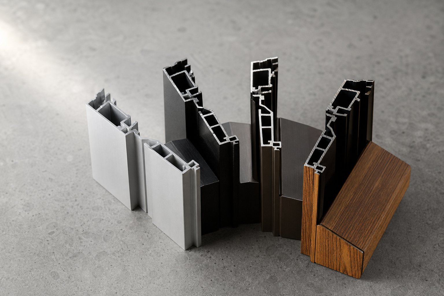 aluminium window profile samples showing anodised powder coated and wood grain sublimation finishes