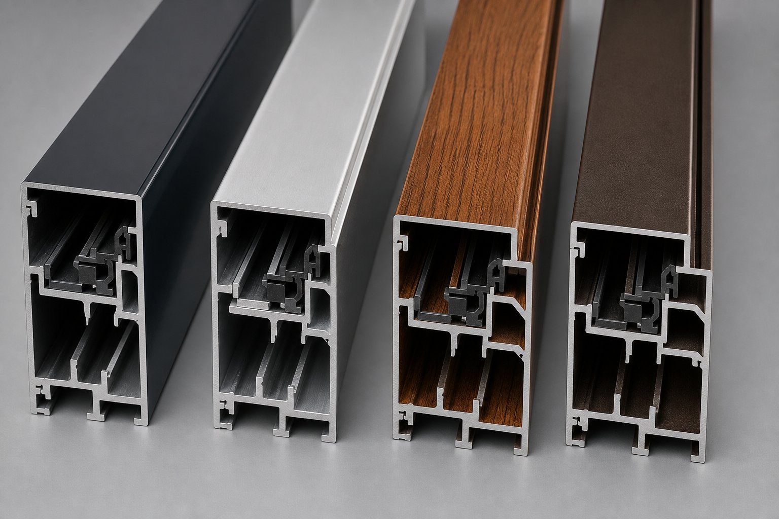 aluminium window profiles displaying different finish types from powder coating to anodizing and wood grain sublimation