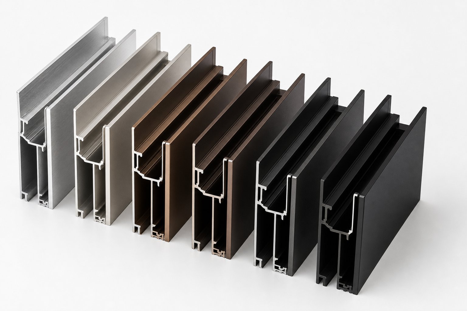 aluminium window profiles displaying various surface treatments from anodised metallic tones to powder coated colour finishes