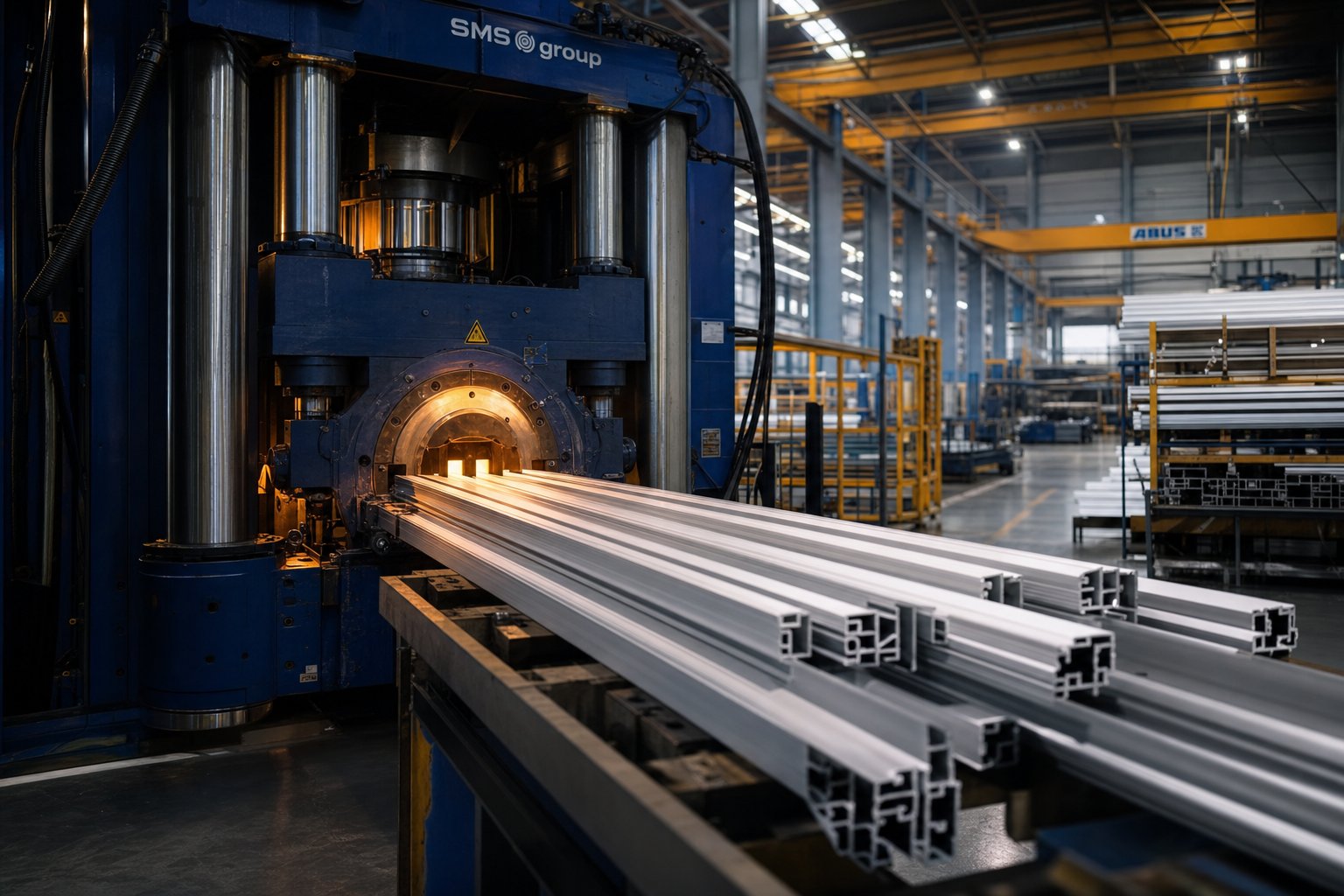 aluminium window profiles emerging from a hydraulic extrusion press during the custom manufacturing process
