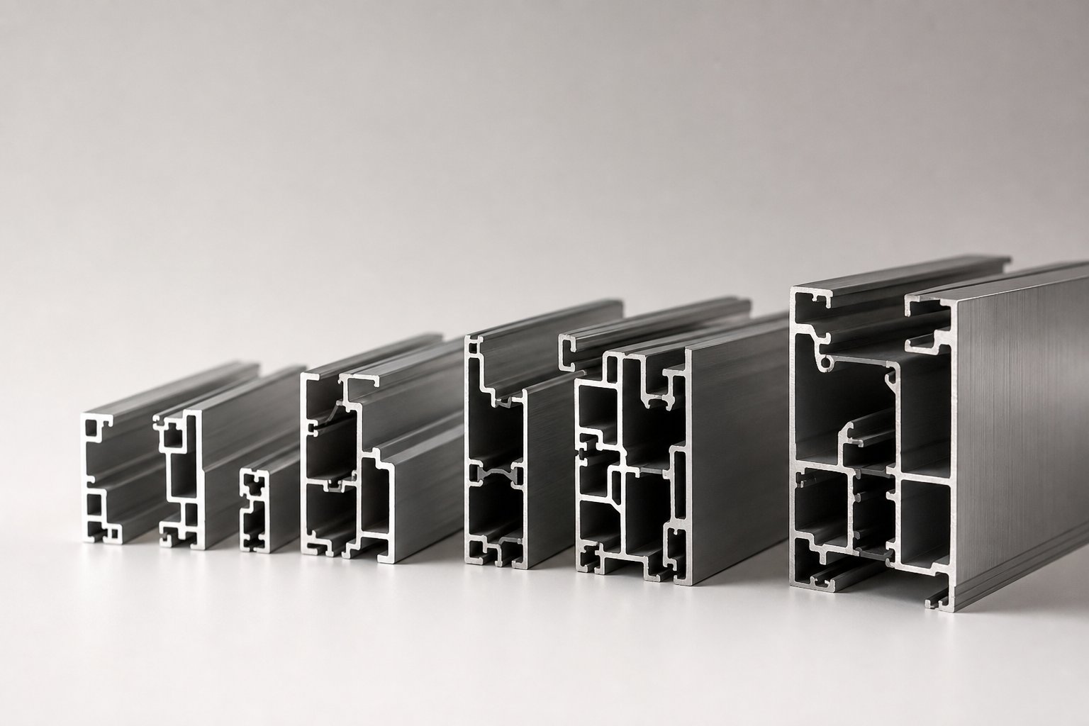 aluminium window profiles ranging from 38 series to 90 series showing progressive increases in frame depth and chamber complexity