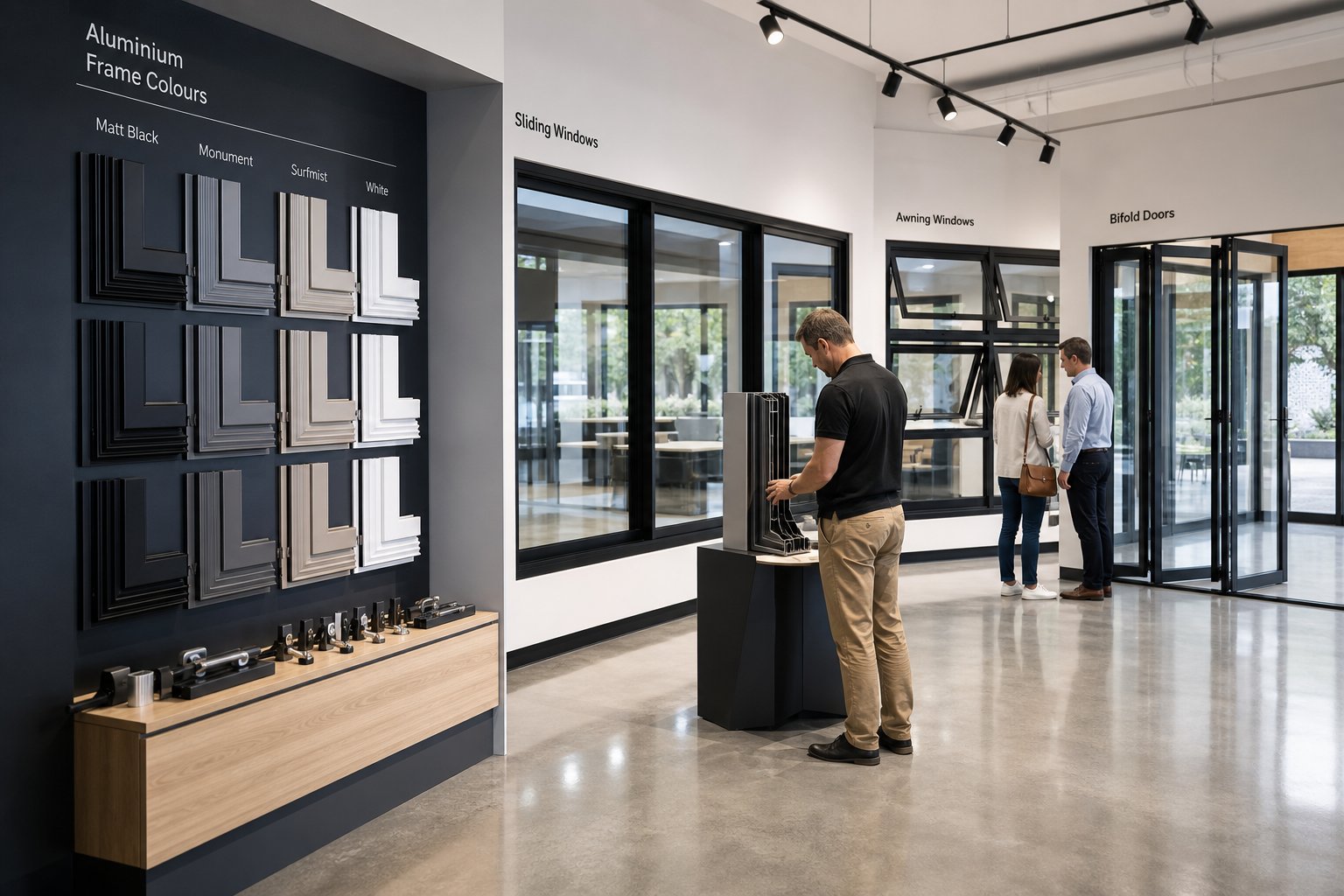 aluminium window showroom displaying frame profiles colour options and various window configurations for comparison