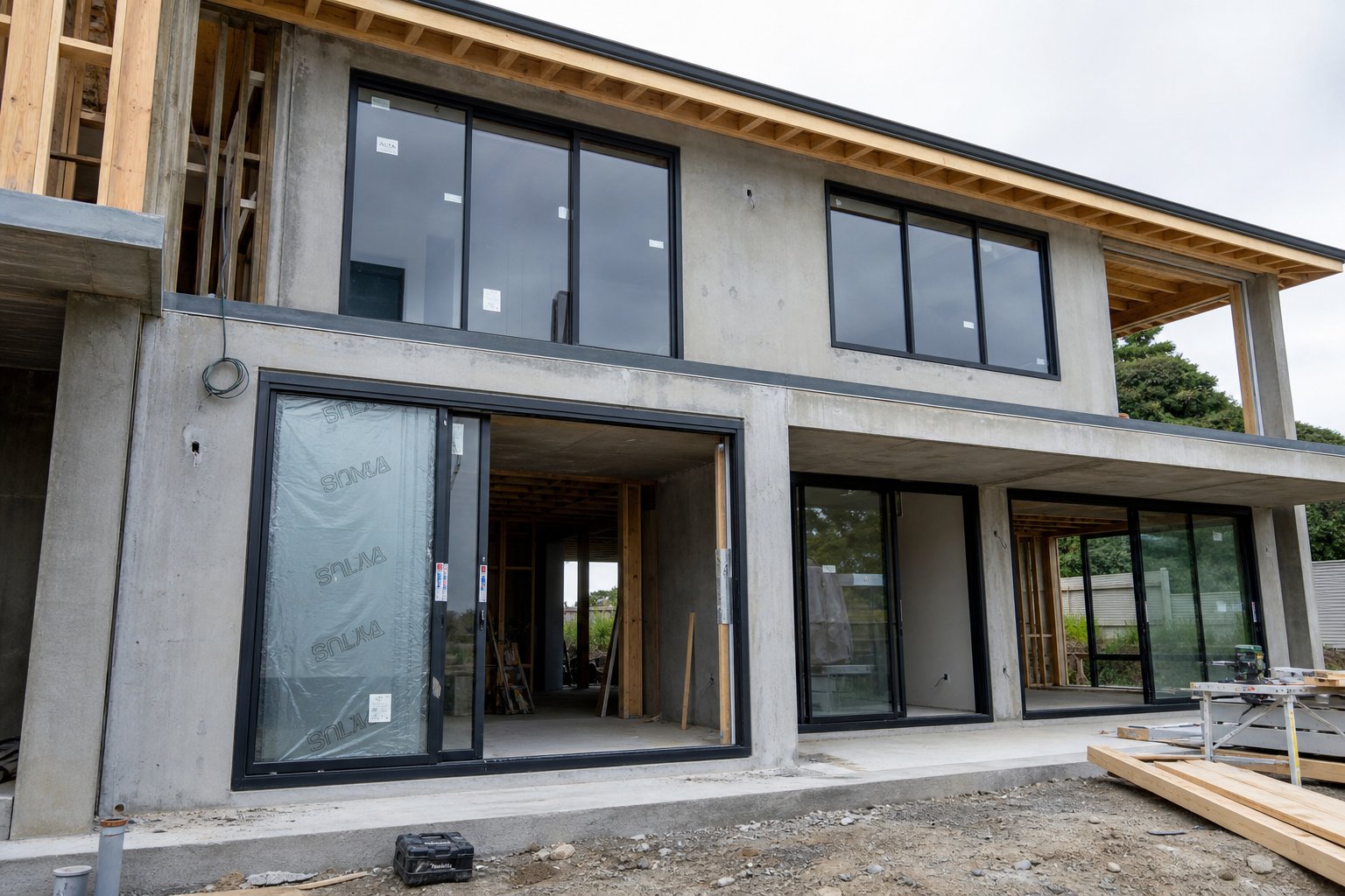 aluminium windows and sliding doors being installed during construction showing the coordination between supplier delivery and site programme