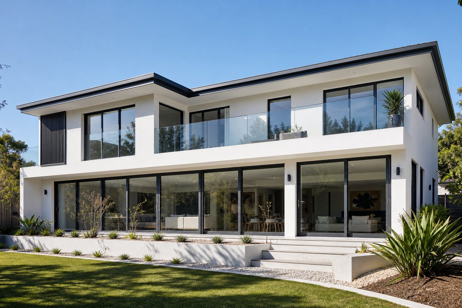anthracite grey aluminium frames creating bold contrast against a white rendered contemporary facade