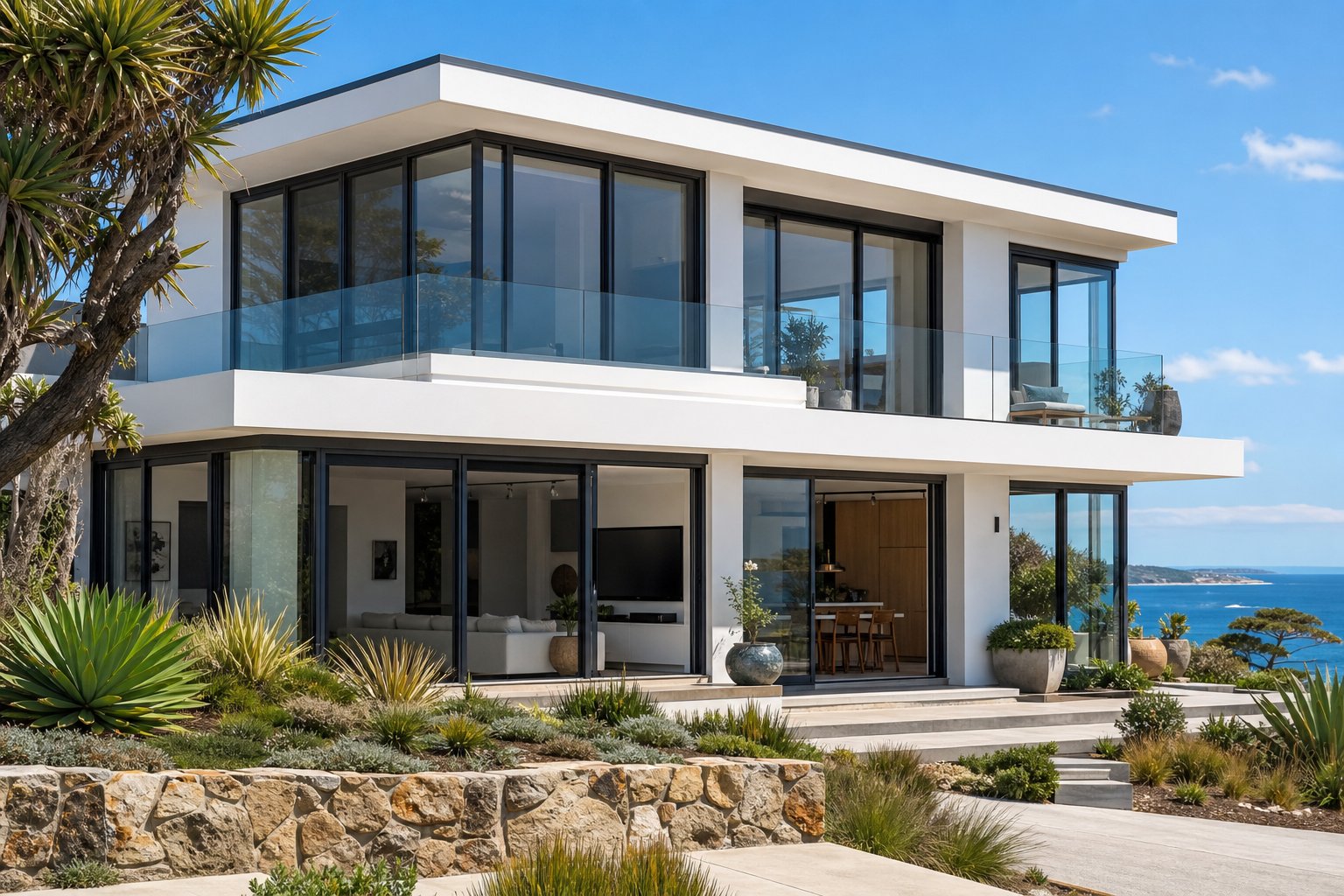 anthracite grey powder coated aluminium sash windows on a contemporary australian coastal home with expansive glazing