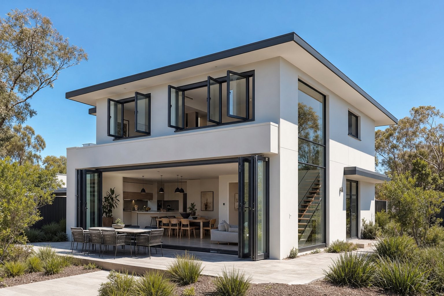 australian home featuring multiple aluminium window and door configurations including bi fold doors casement windows and fixed glazing