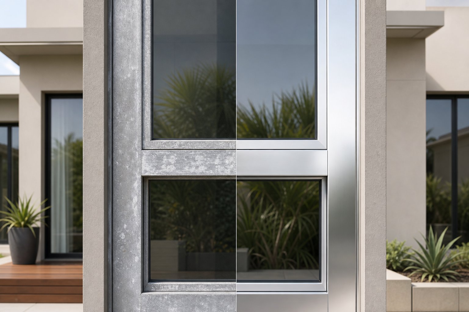 before and after comparison of an aluminium window frame undergoing professional restoration