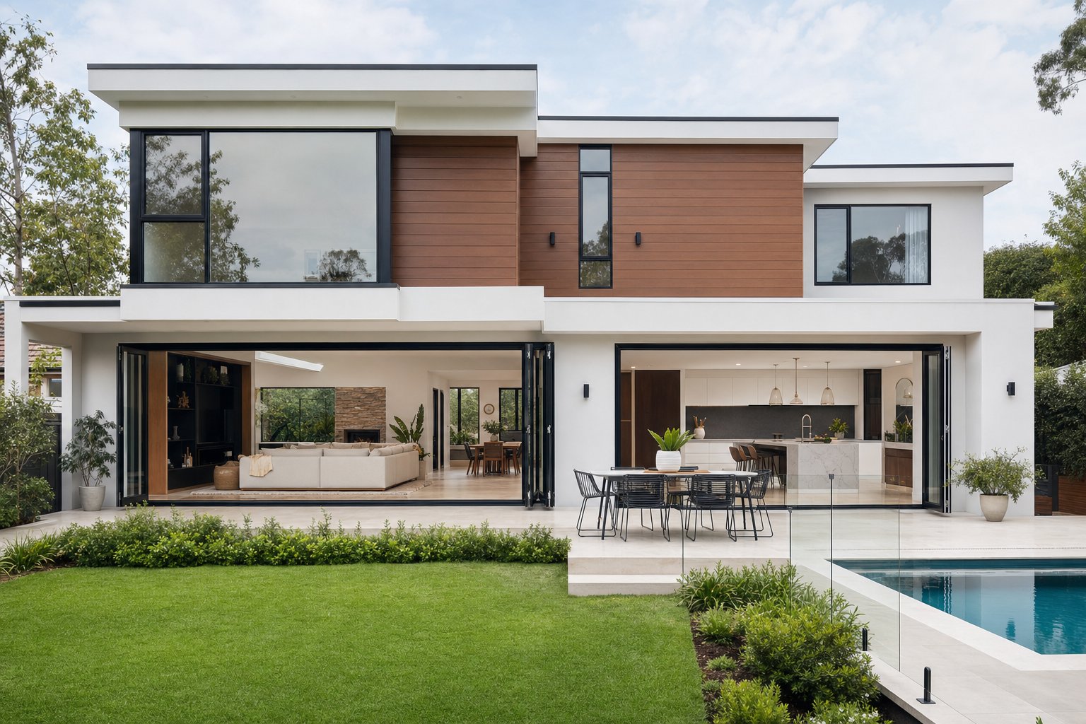black aluminium window frames and bi fold doors creating seamless indoor outdoor living on a modern australian home