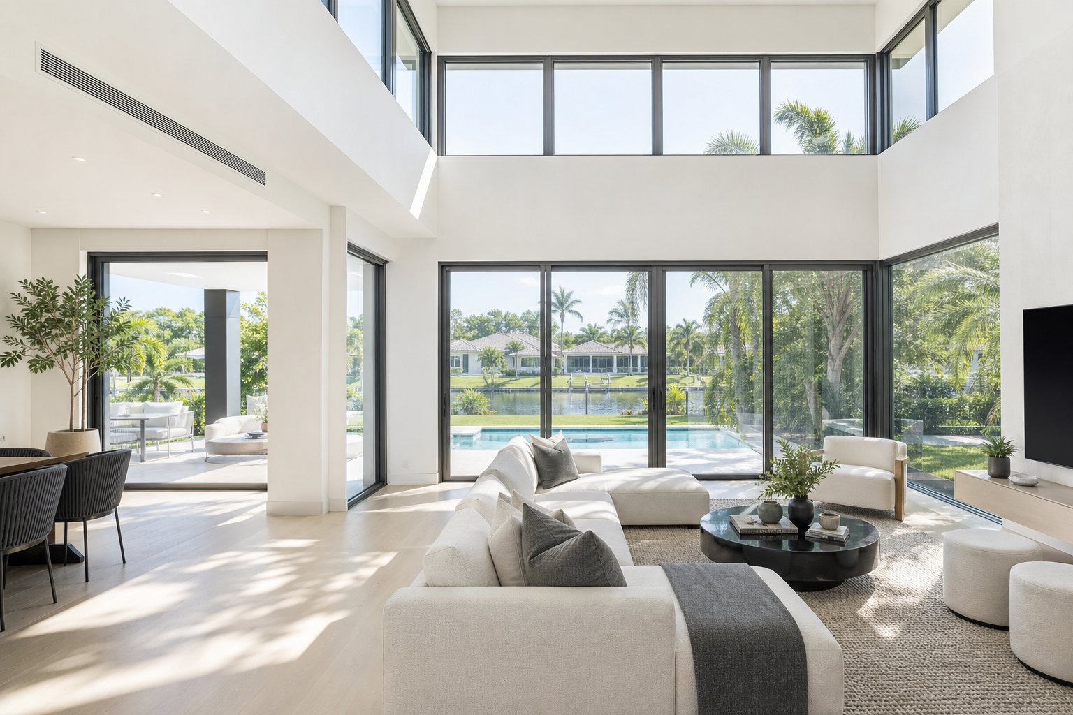 bright interior proving dark grey aluminium frames do not reduce natural light in living spaces