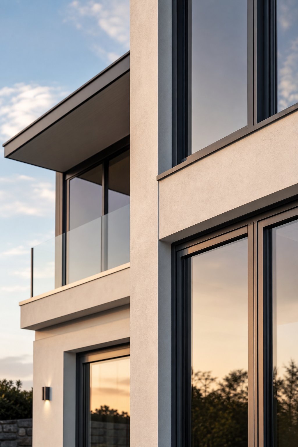 charcoal matte powder coated aluminium window frames creating bold contrast against a light rendered facade