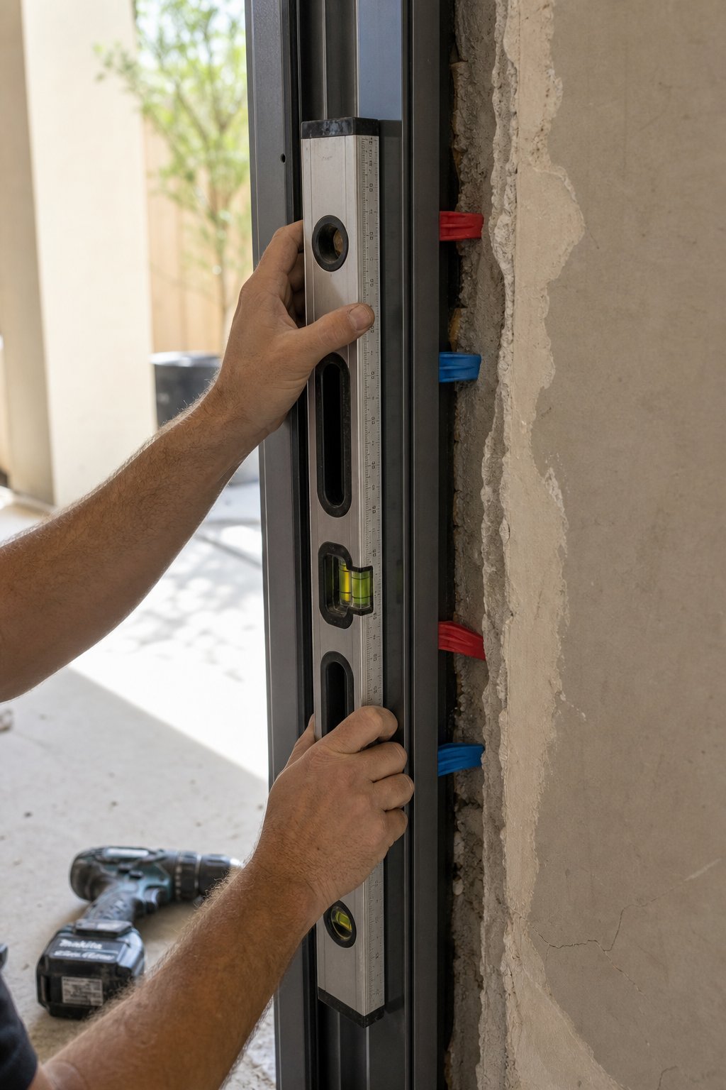 checking aluminium door frame plumb with a spirit level before inserting plastic packers for re alignment