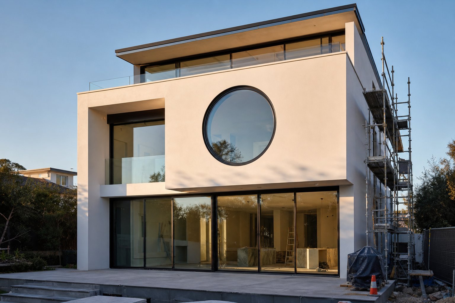 circular aluminium window installed during construction of a contemporary australian residential project