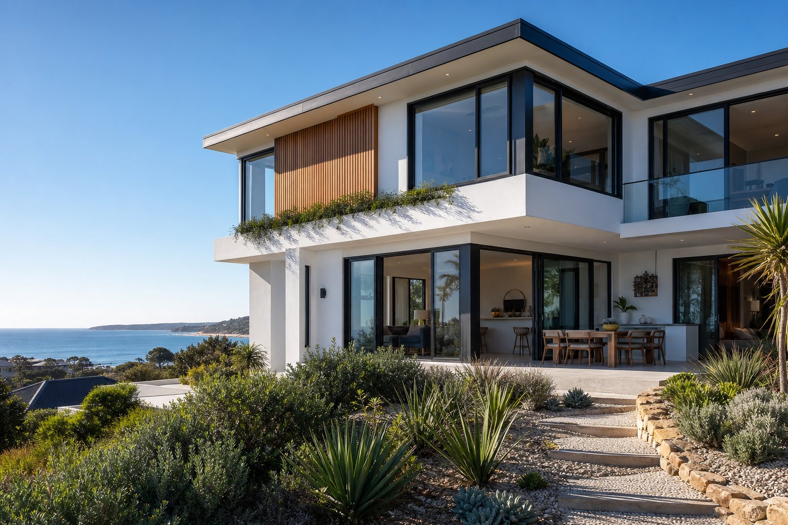 coastal australian home featuring slim profile aluminium windows that maximise glass area and natural light