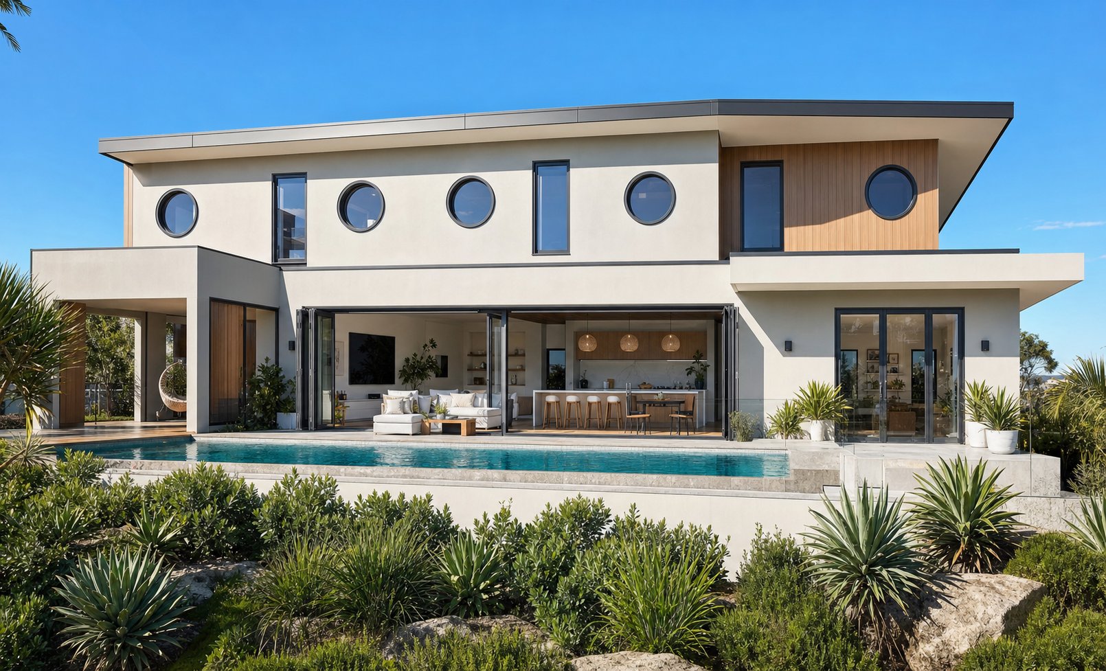 coastal australian home incorporating circular aluminium porthole windows as a repeating design element