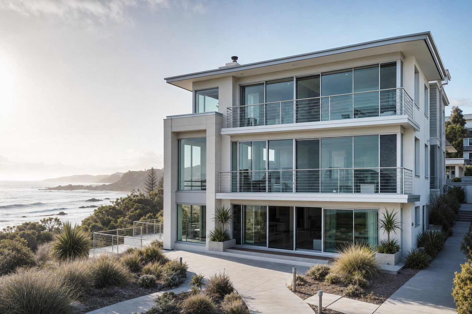 coastal australian home with aluminium sliding windows and grills designed to withstand salt spray and humid conditions