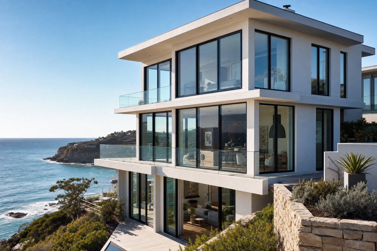 coastal australian home with aluminium vertical sliding windows specified for marine grade salt air exposure