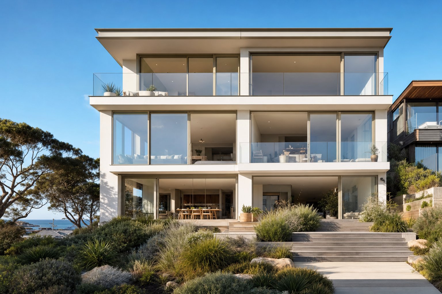coastal australian home with beige aluminium window frames complementing white rendered walls and the natural seaside landscape