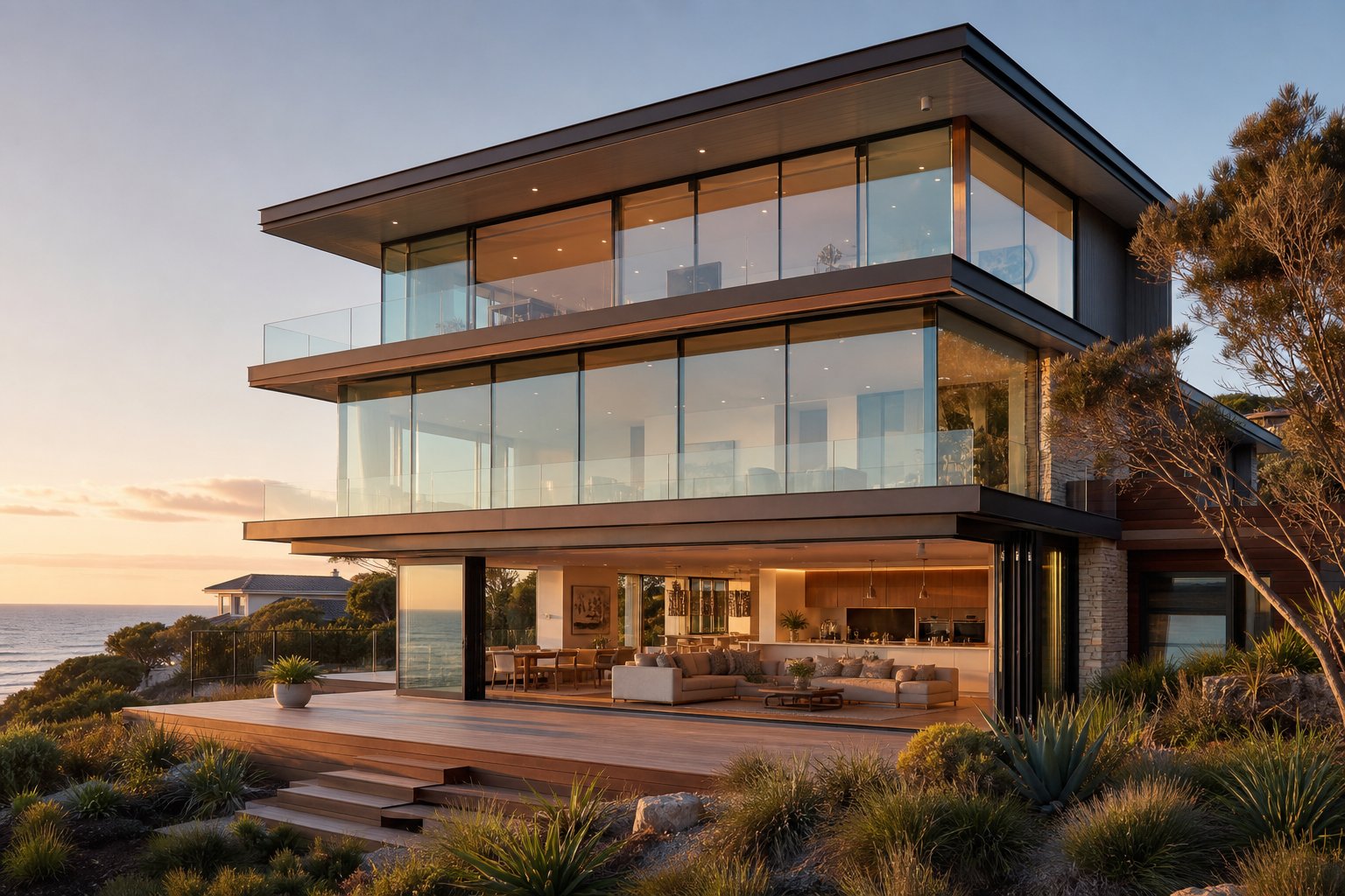 coastal australian home with carefully specified aluminium window profiles sized for wind load compliance and maximum glazing area