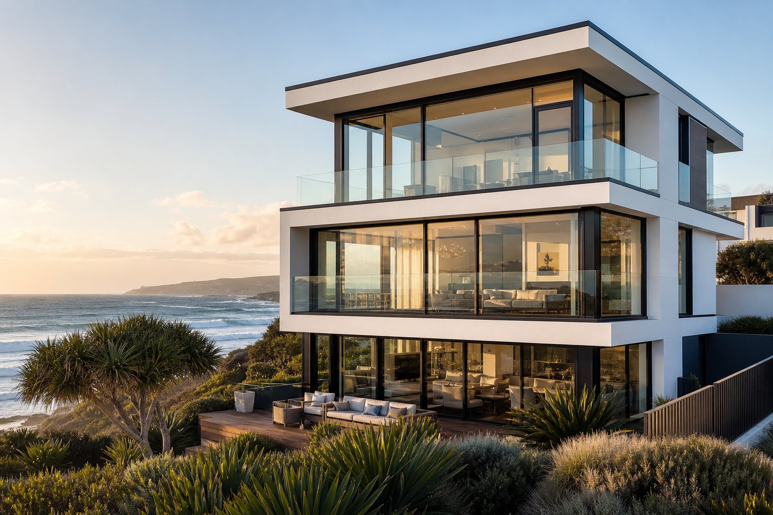 coastal australian home with marine grade aluminium window trims designed to withstand salt air and harsh uv exposure