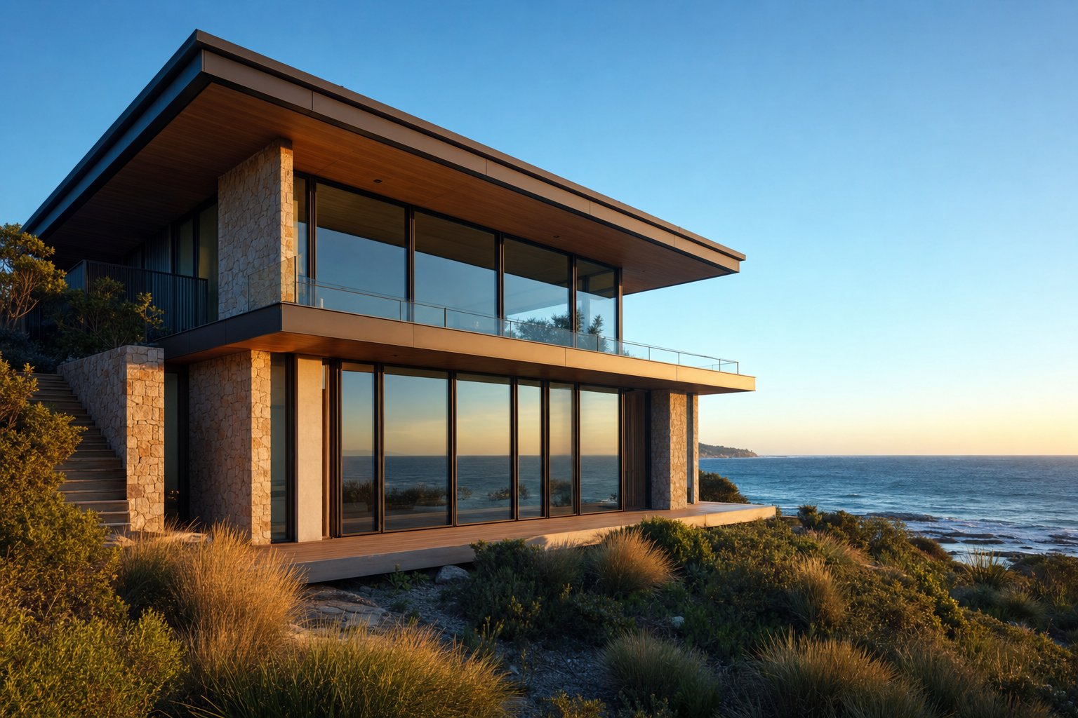coastal australian home with marine grade fixed aluminium windows designed to withstand salt air exposure
