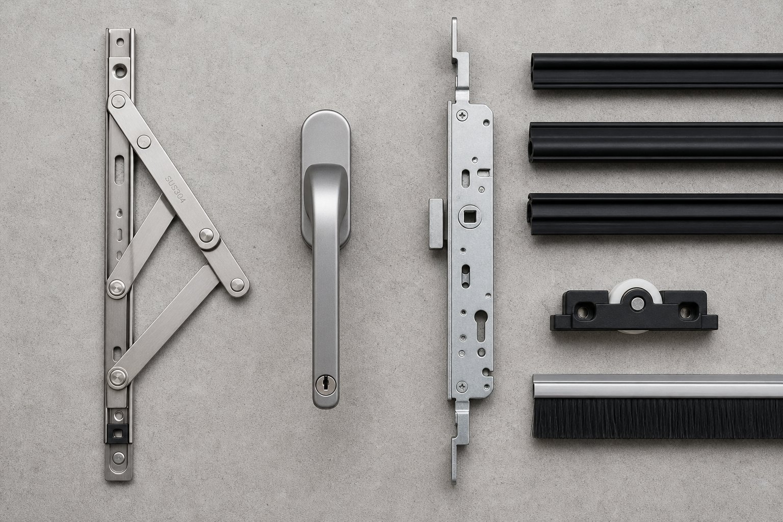 common aluminium window spare parts including friction stays handles lock mechanisms gaskets and rollers