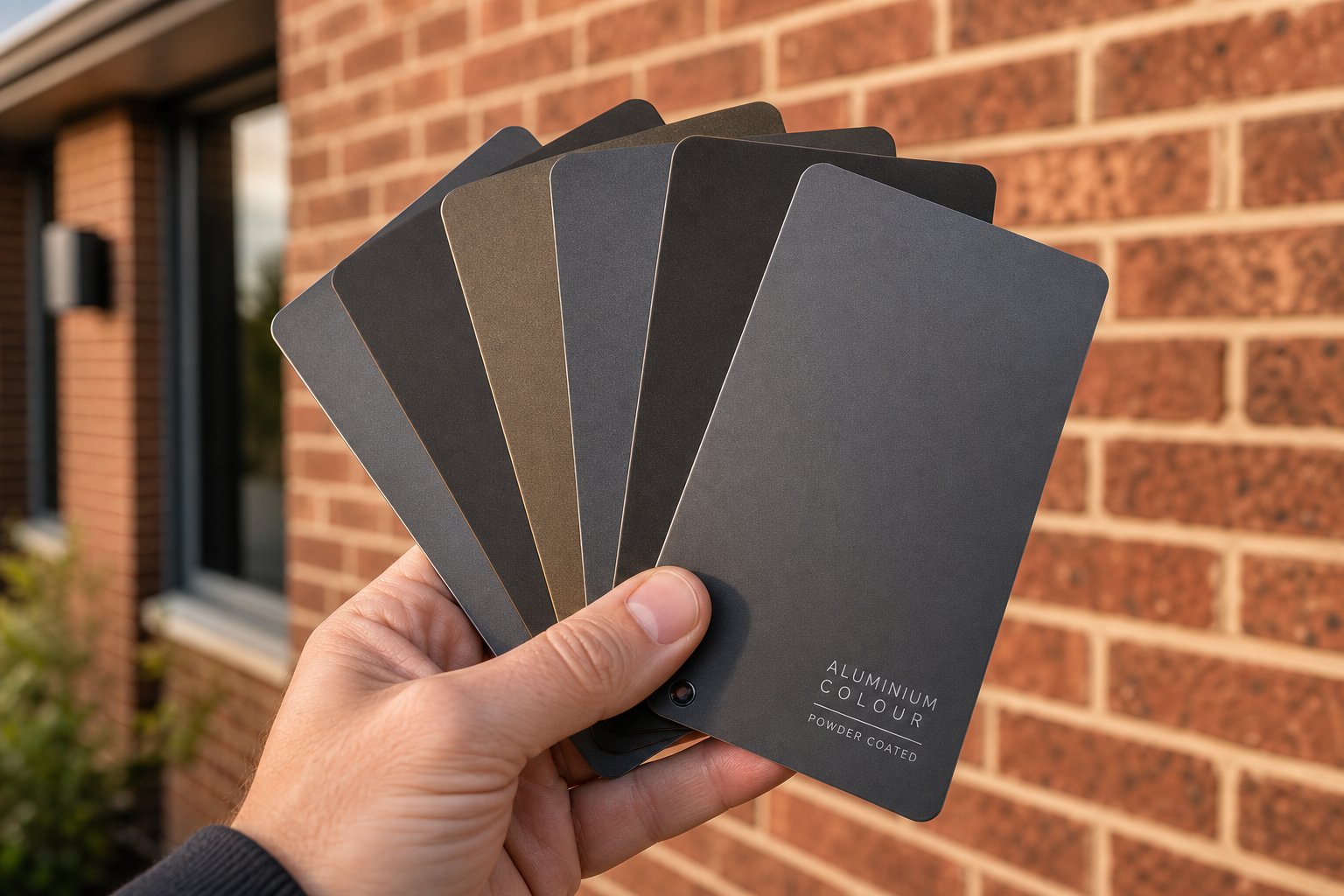 comparing physical powder coat colour samples against facade brickwork to select the ideal exterior frame shade