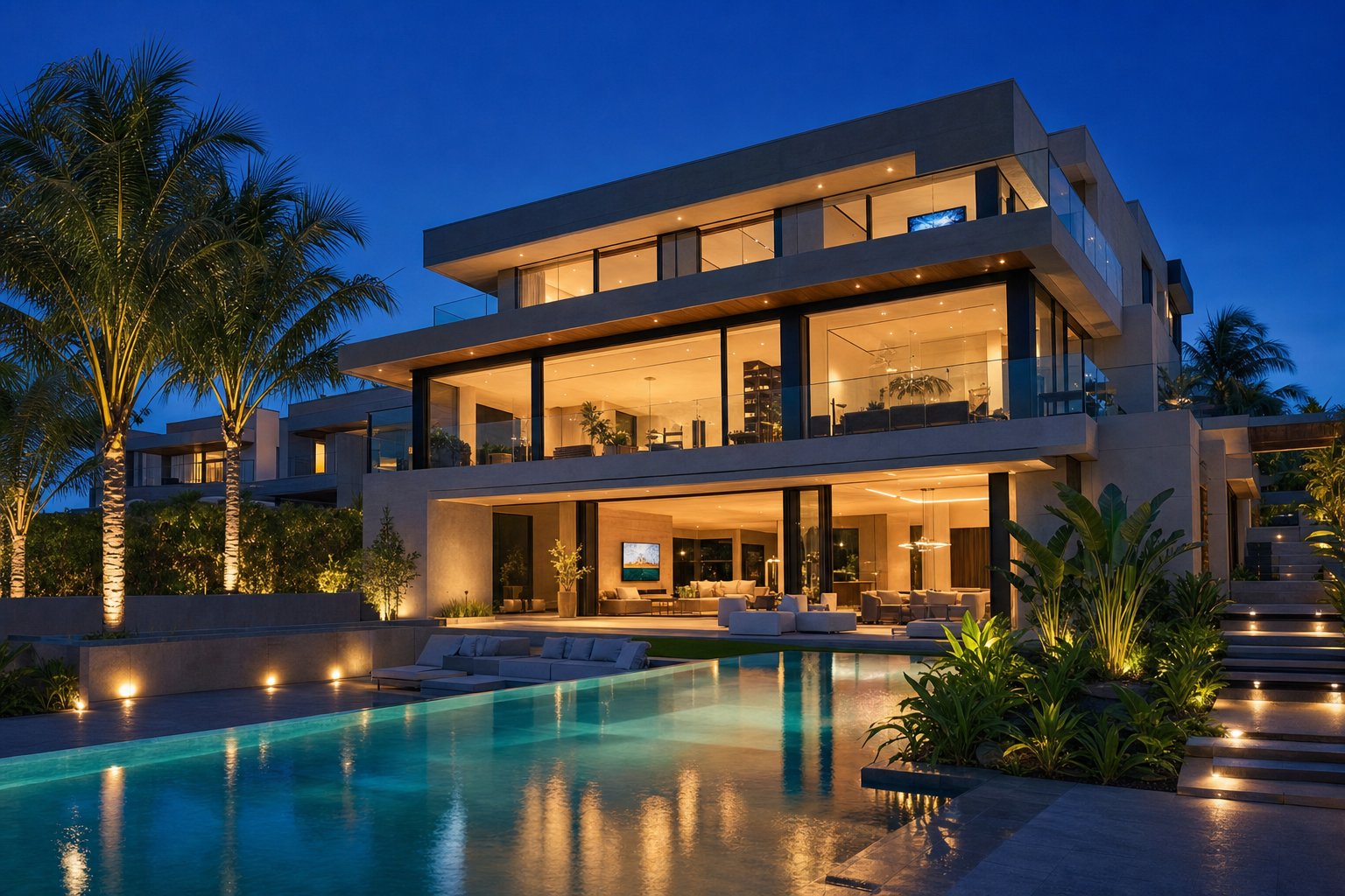 completed dual colour aluminium window project on a contemporary australian home with expansive glazing at twilight