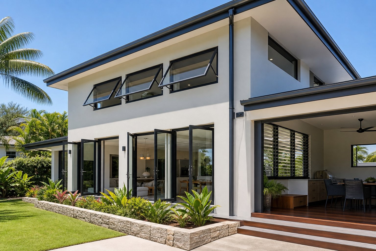 contemporary australian home demonstrating multiple aluminium window operating types including casement awning and louvre configurations