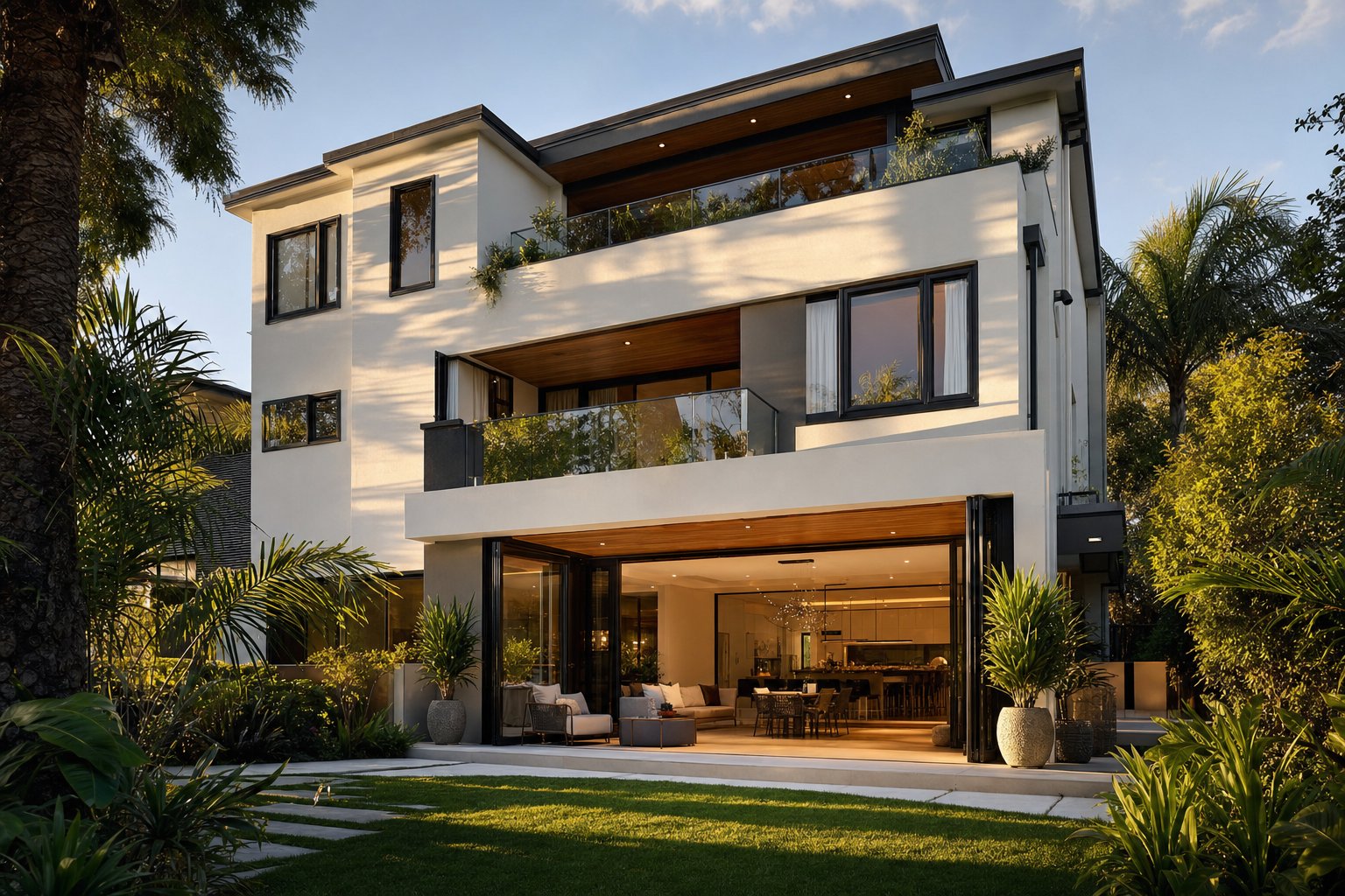contemporary australian home featuring matt black aluminium window frames contrasting against white rendered walls