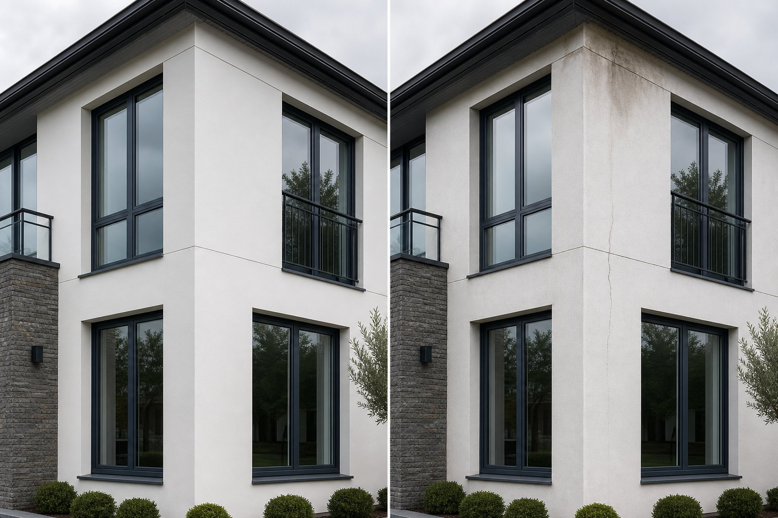 correctly detailed aluminium reveal versus early signs of junction failure at the frame to wall interface