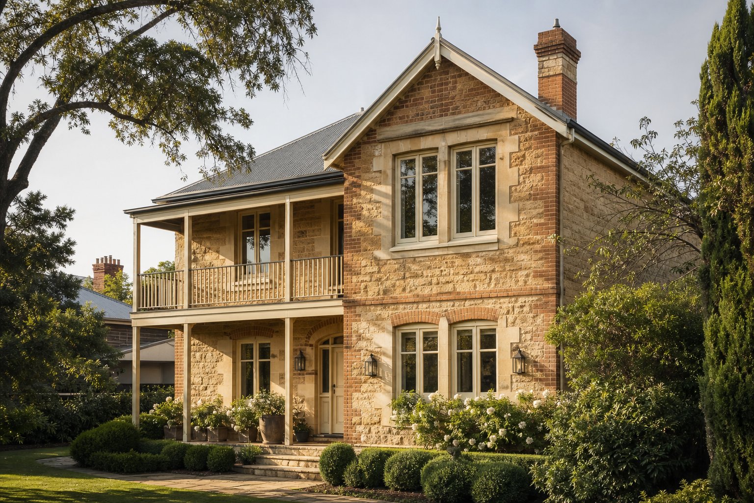 cream aluminium window frames on a heritage style home blending naturally with sandstone and warm brick facade materials