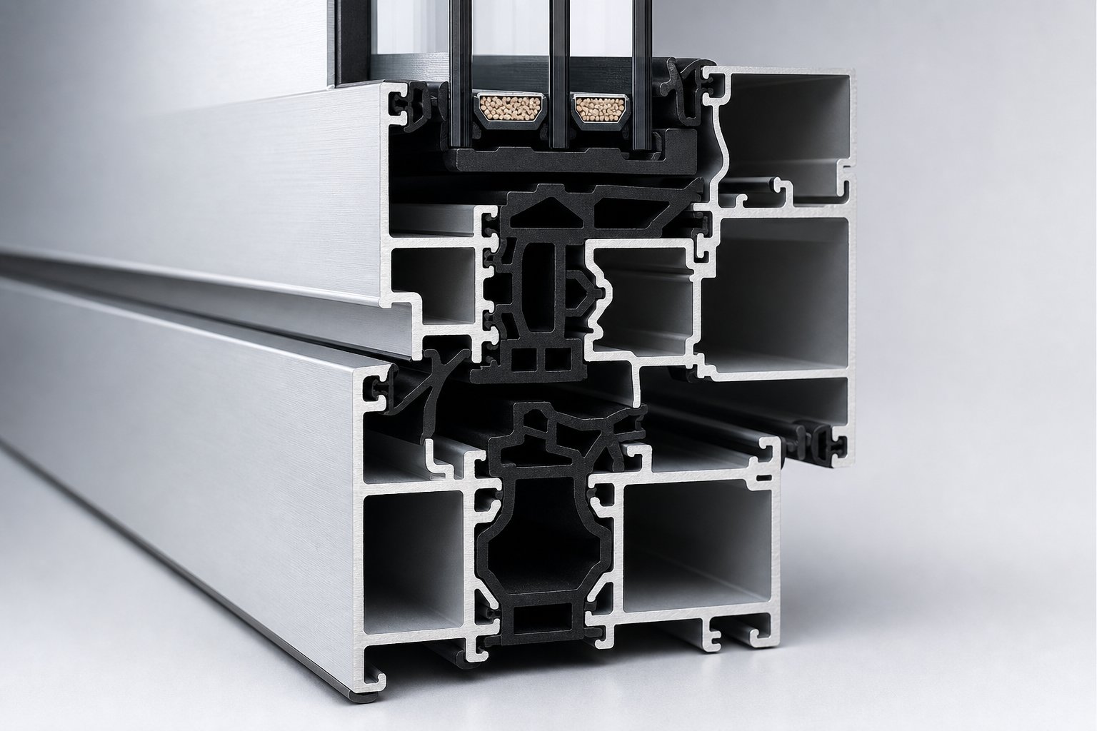 cross section of a multi chamber aluminium window profile revealing internal engineering and thermal break integration