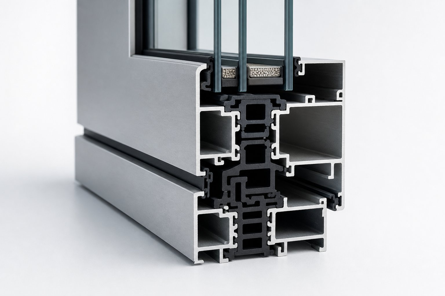 cross section of a thermally broken aluminium frame showing the insulating polyamide barrier between inner and outer sections