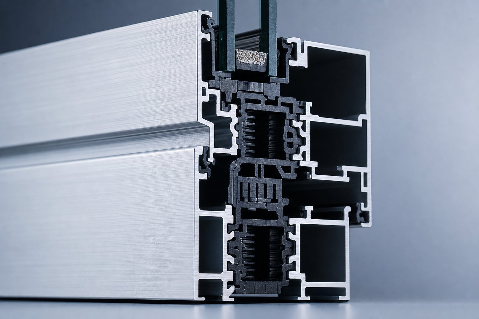 cross section of a thermally broken aluminium profile showing the insulating polyamide barrier between inner and outer frames